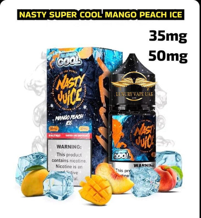 Nasty Juice Mango Peach Ice vape juice packaging with mango, peach, and ice cubes on a white background.
