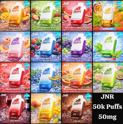 Collage of JNR vape juice boxes with various flavors and colors.