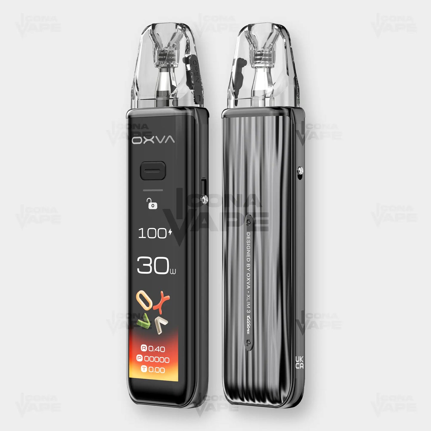 Oxva Xlim 3 Ultra metal gray pod system front and back view sleek metallic vape device Pakistan